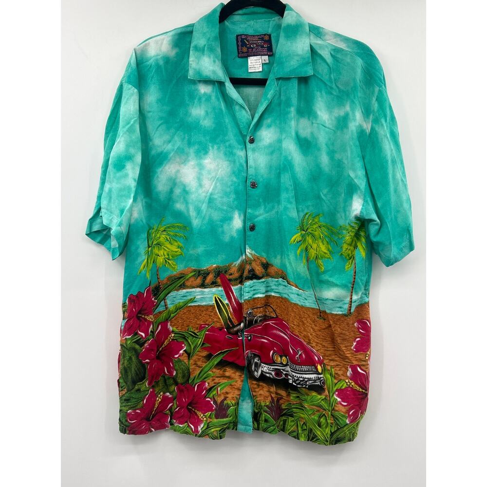 Hawaiian BASIX Button Down Shirt L Tropical Beach Car Print Camp Aloha Luau